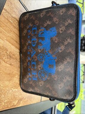 Coach Brown Signature Crossbody Pouch with Blue Logo